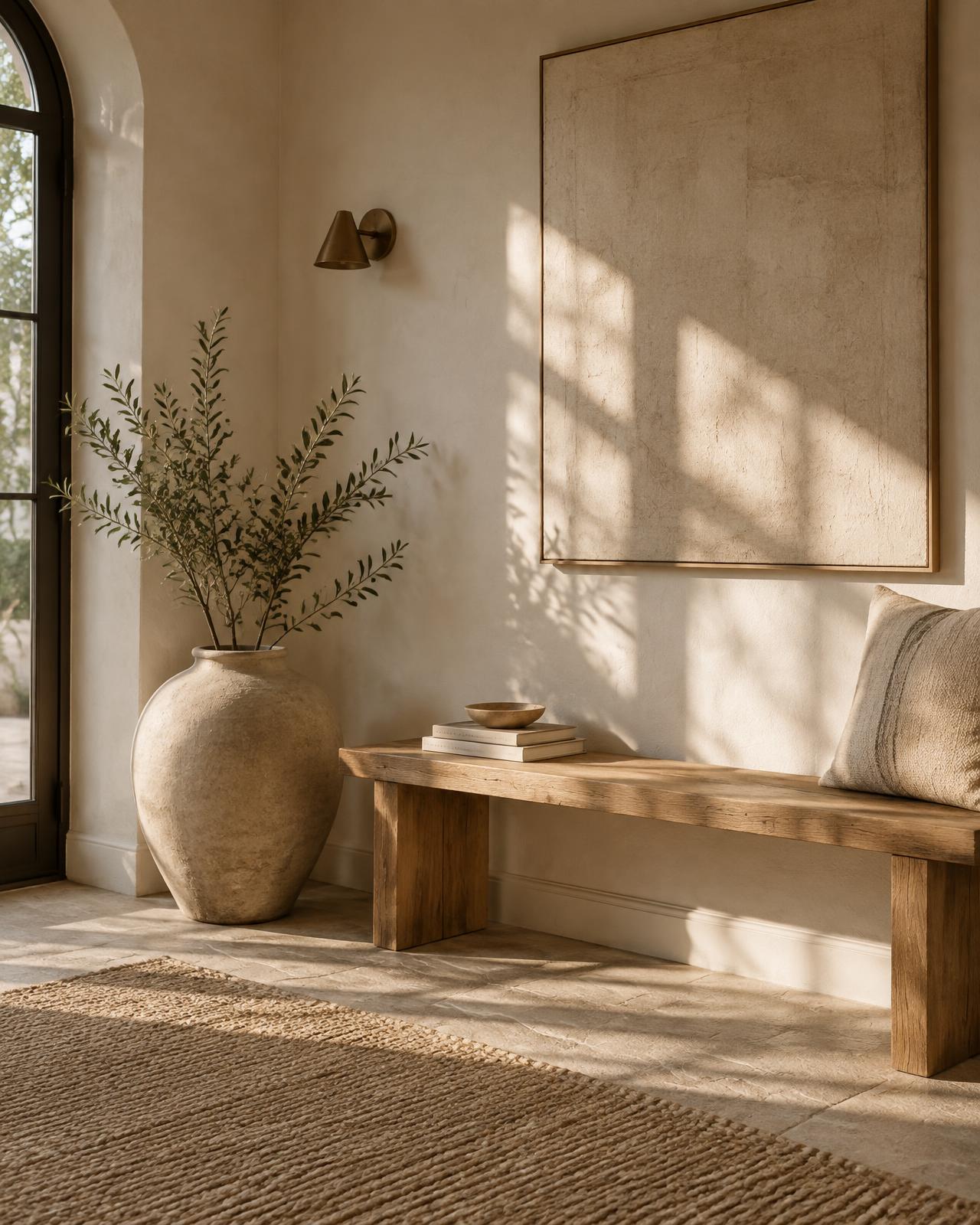 Warm minimalist interior detail with oak bench and ceramics