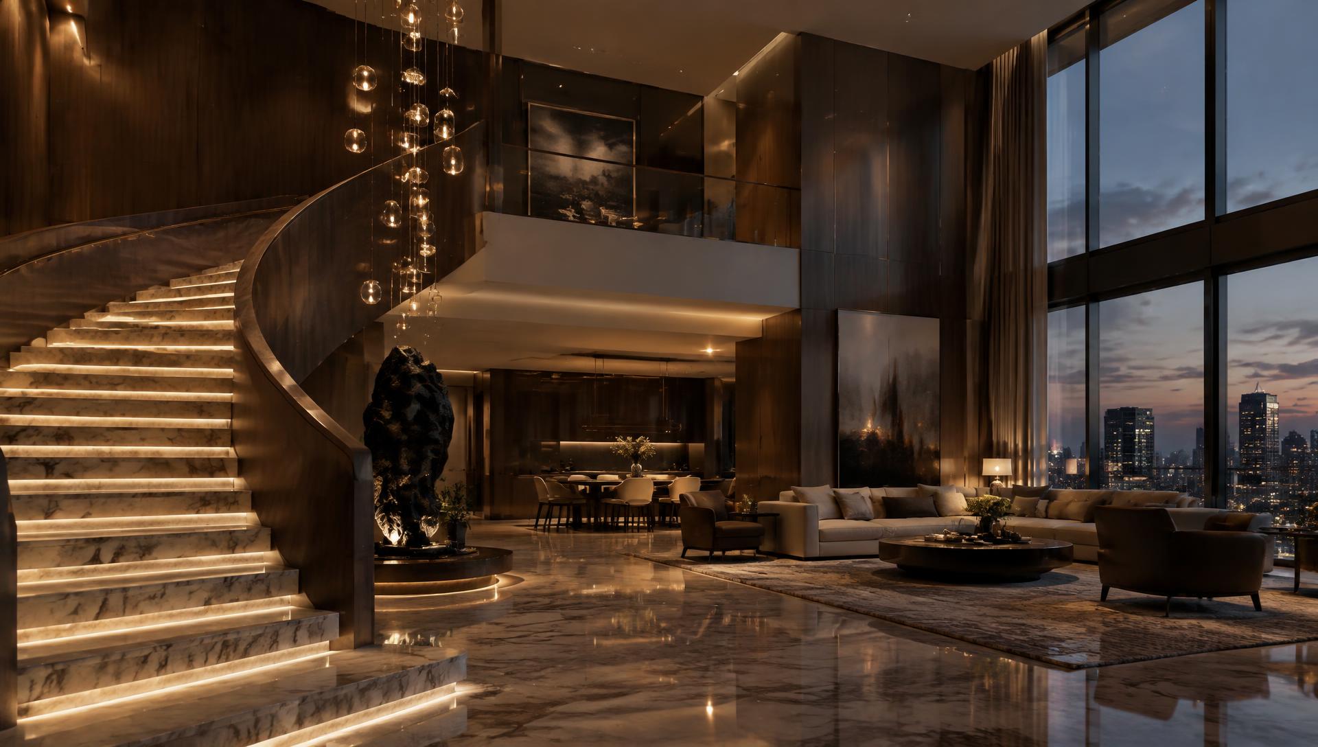 Double-height luxury interior with sculptural staircase